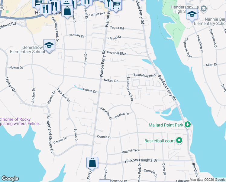 map of restaurants, bars, coffee shops, grocery stores, and more near 100 Lesa Drive in Hendersonville