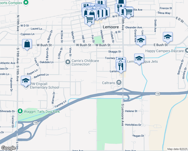 map of restaurants, bars, coffee shops, grocery stores, and more near 325 Champion St in Lemoore