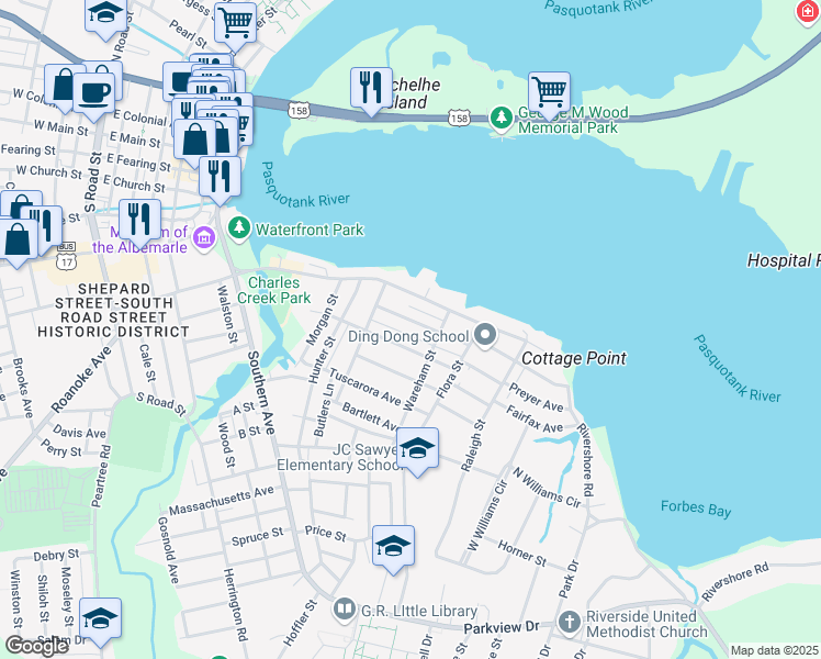 map of restaurants, bars, coffee shops, grocery stores, and more near 917 Woodruff Avenue in Elizabeth City