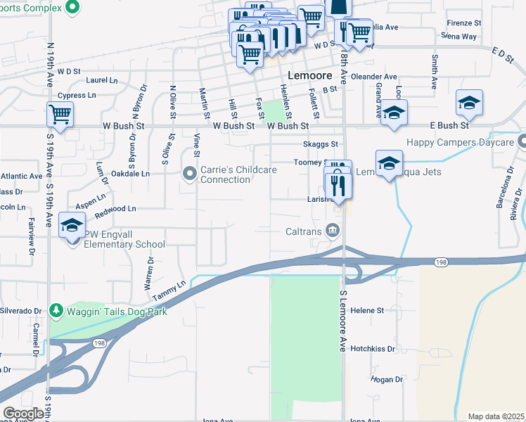 map of restaurants, bars, coffee shops, grocery stores, and more near 325 Champion St in Lemoore