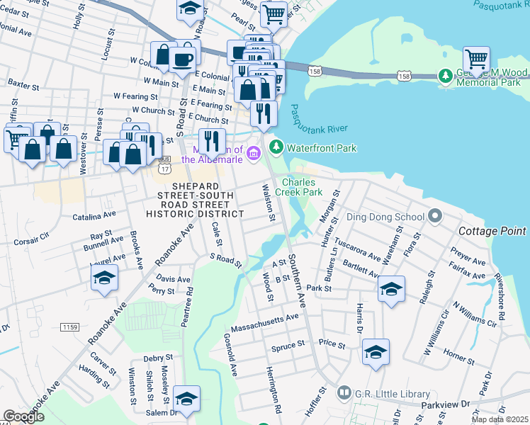 map of restaurants, bars, coffee shops, grocery stores, and more near 518 Brown Street in Elizabeth City