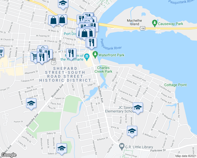 map of restaurants, bars, coffee shops, grocery stores, and more near 800 Southern Avenue in Elizabeth City