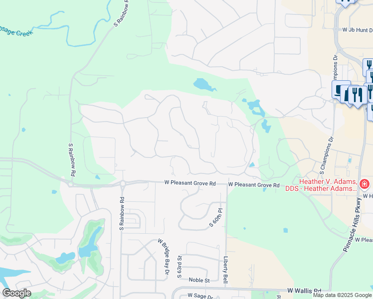 map of restaurants, bars, coffee shops, grocery stores, and more near 6 South Mission Hills Circle in Rogers