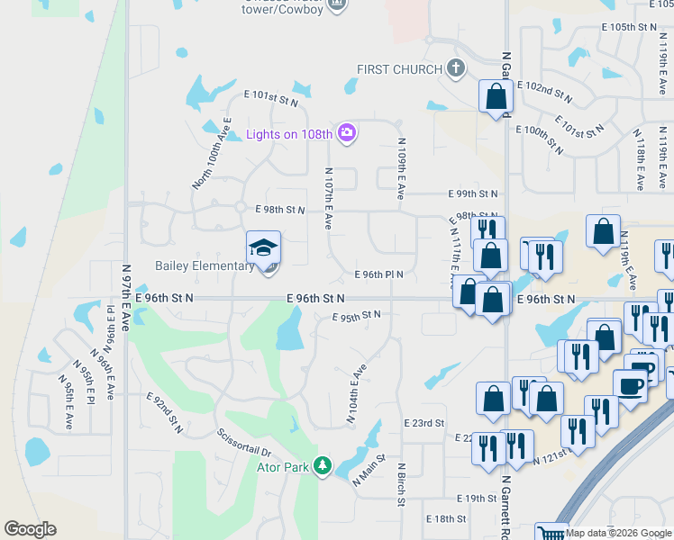 map of restaurants, bars, coffee shops, grocery stores, and more near 9606 North 107th East Avenue in Owasso