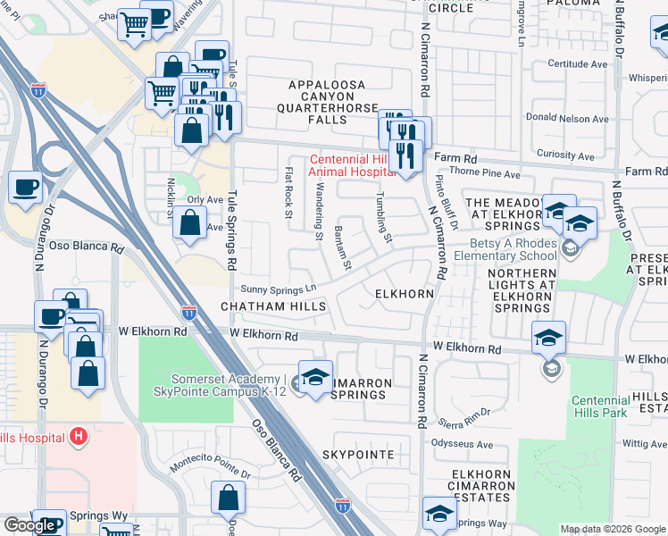 map of restaurants, bars, coffee shops, grocery stores, and more near 7308 Wandering Street in Las Vegas