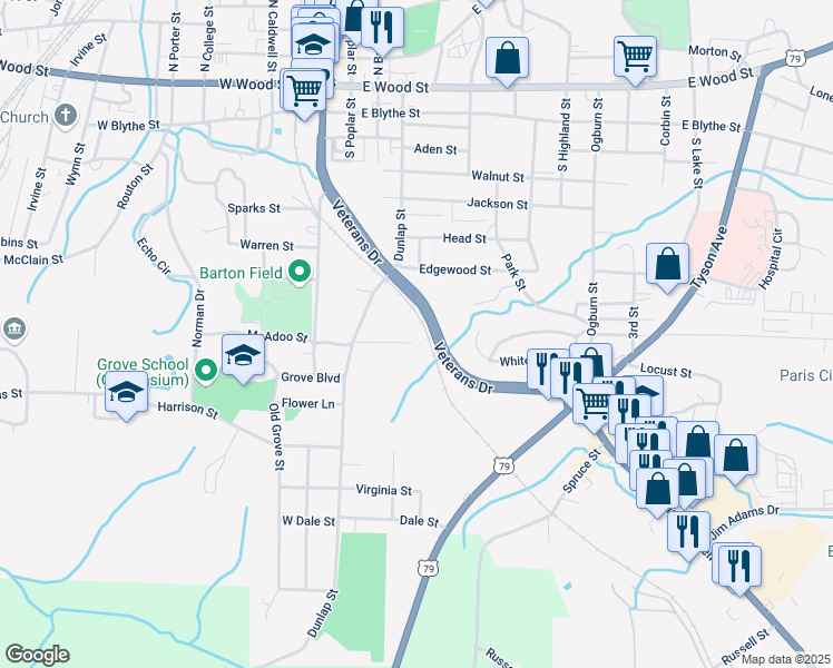 map of restaurants, bars, coffee shops, grocery stores, and more near 314 Oakwood Lane in Paris