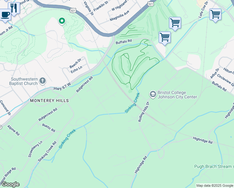 map of restaurants, bars, coffee shops, grocery stores, and more near 801 Jared Drive in Johnson City
