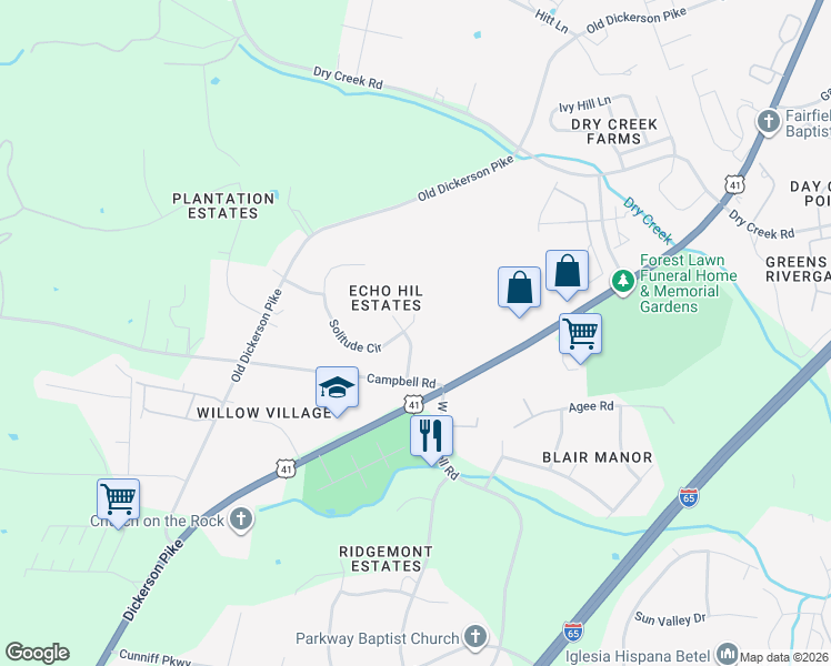 map of restaurants, bars, coffee shops, grocery stores, and more near 216 Solitude Circle in Goodlettsville