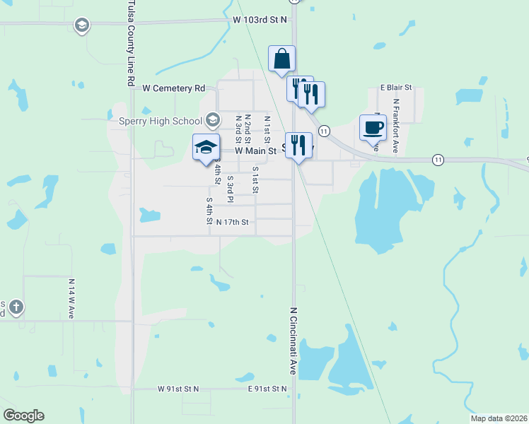 map of restaurants, bars, coffee shops, grocery stores, and more near 308 South 1st Street in Sperry