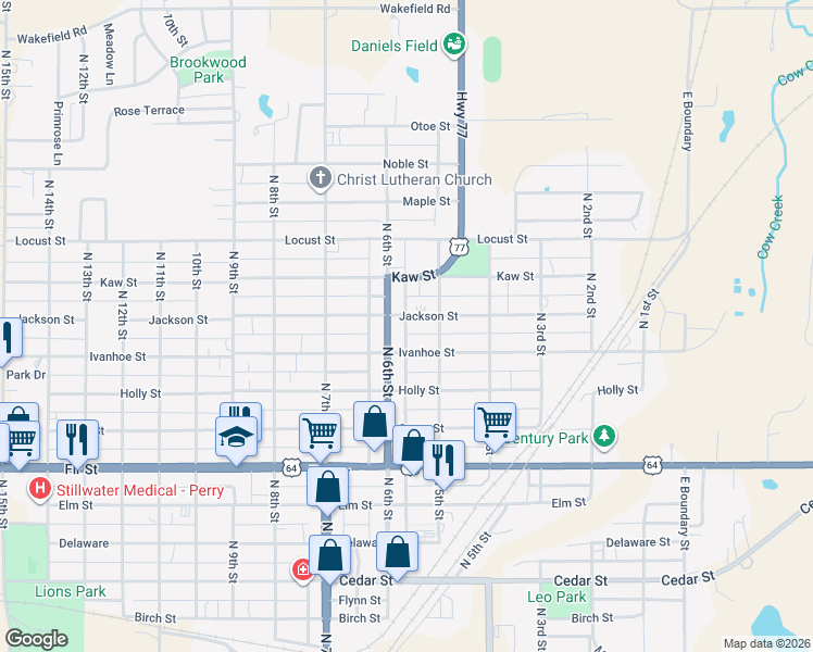 map of restaurants, bars, coffee shops, grocery stores, and more near 916 North 6th Street in Perry