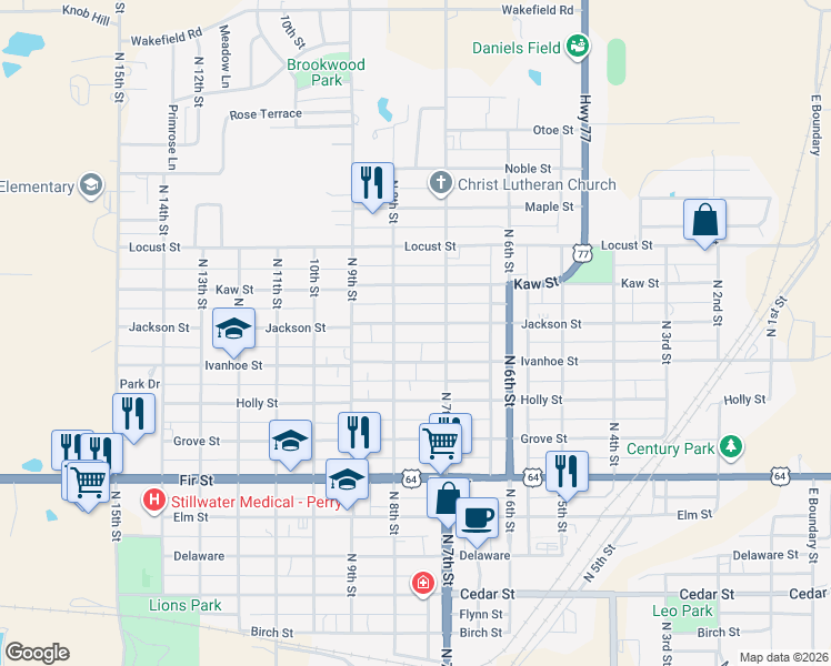 map of restaurants, bars, coffee shops, grocery stores, and more near 906 North 8th Street in Perry