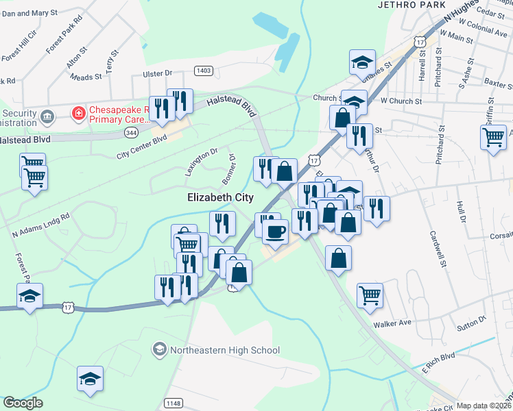 map of restaurants, bars, coffee shops, grocery stores, and more near 527 South Hughes Boulevard in Elizabeth City