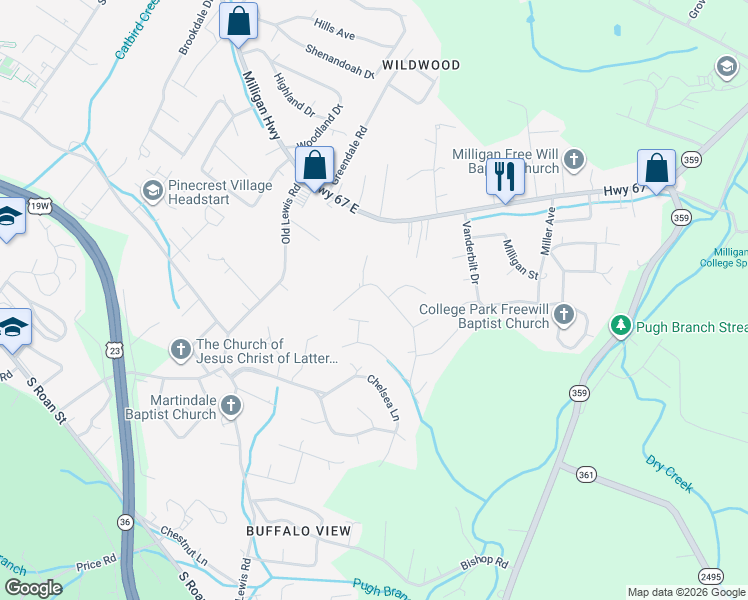 map of restaurants, bars, coffee shops, grocery stores, and more near 171 Hidden Oaks Drive in Johnson City