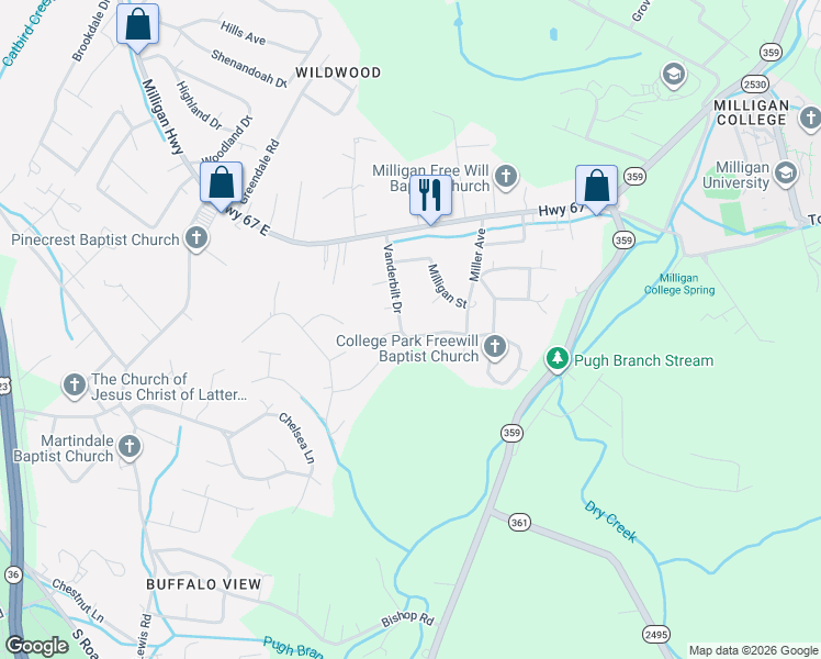 map of restaurants, bars, coffee shops, grocery stores, and more near 162 Vanderbilt Drive in Johnson City