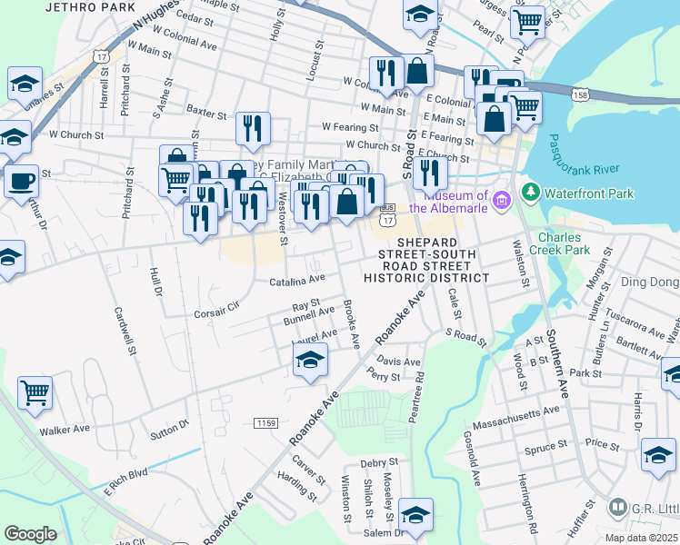 map of restaurants, bars, coffee shops, grocery stores, and more near 500 Catalina Avenue in Elizabeth City