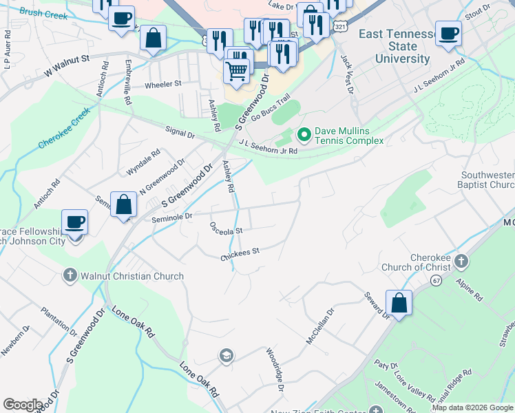 map of restaurants, bars, coffee shops, grocery stores, and more near 1505 Seminole Drive in Johnson City