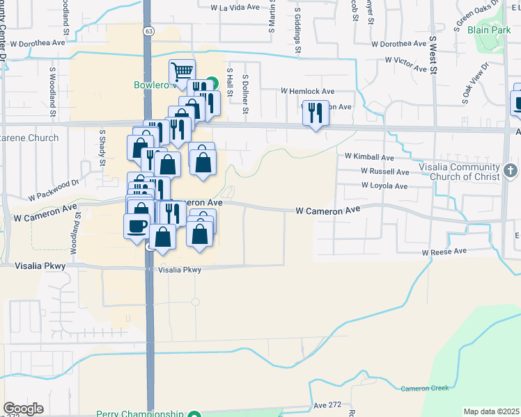 map of restaurants, bars, coffee shops, grocery stores, and more near West Cameron Avenue in Visalia
