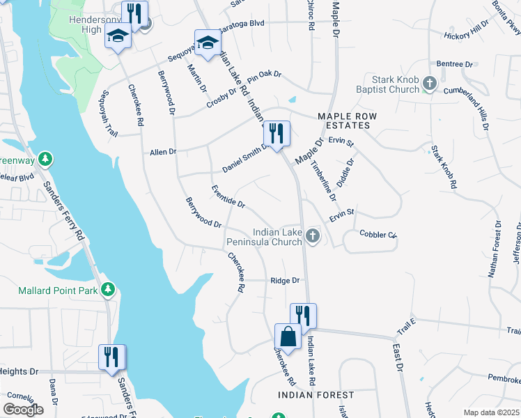map of restaurants, bars, coffee shops, grocery stores, and more near 121 Eventide Drive in Hendersonville