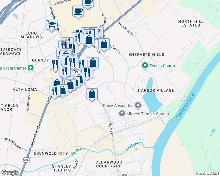 map of restaurants, bars, coffee shops, grocery stores, and more near 1830 Spring Branch Drive in Nashville