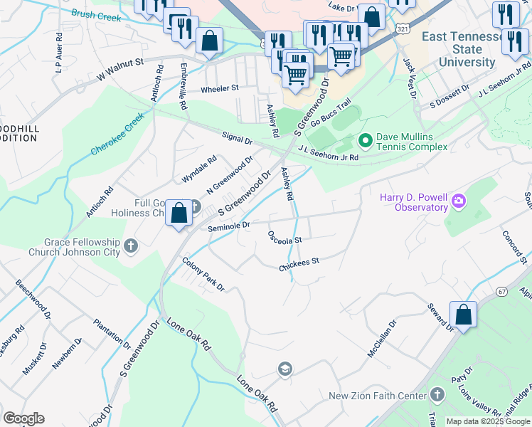 map of restaurants, bars, coffee shops, grocery stores, and more near 1610 Osceola Street in Johnson City