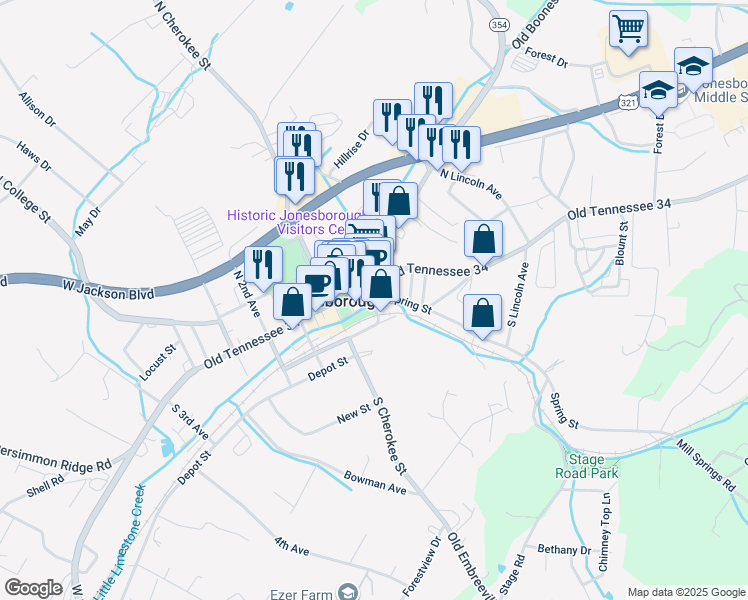 map of restaurants, bars, coffee shops, grocery stores, and more near 115 Fox Street in Jonesborough