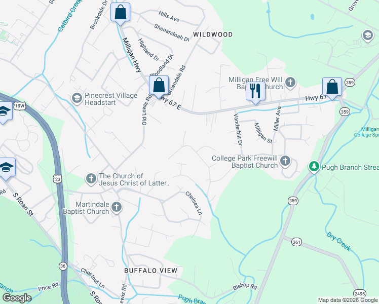 map of restaurants, bars, coffee shops, grocery stores, and more near 171 Hidden Oaks Drive in Johnson City
