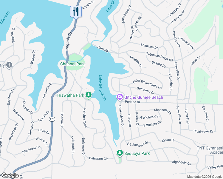 map of restaurants, bars, coffee shops, grocery stores, and more near 198 East Lakeshore Drive in Cherokee Village