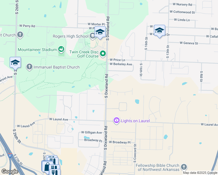 map of restaurants, bars, coffee shops, grocery stores, and more near 1729 West Madison Drive in Rogers