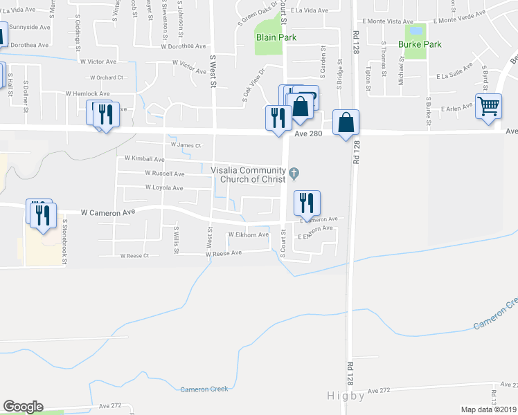 map of restaurants, bars, coffee shops, grocery stores, and more near 206 West Packwood Court in Visalia