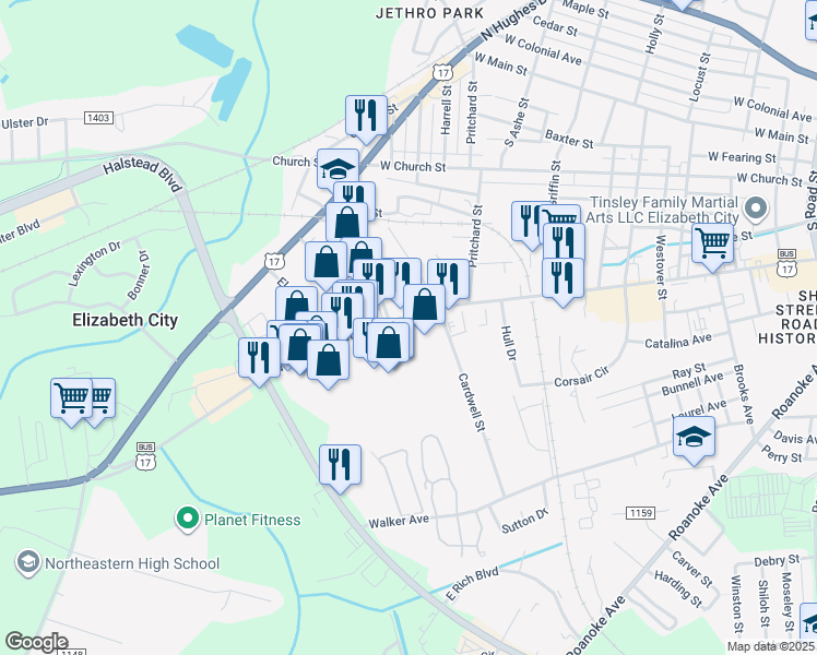 map of restaurants, bars, coffee shops, grocery stores, and more near 1401-1431 W Ehringhaus St in Elizabeth City