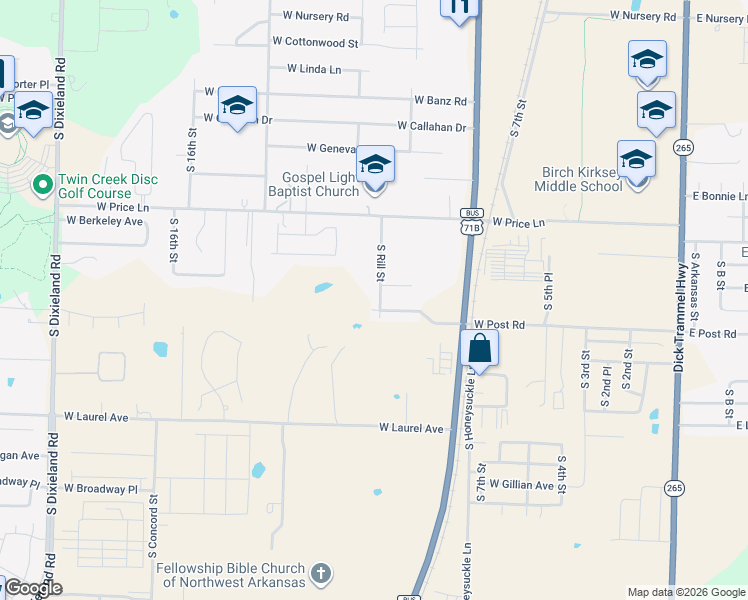 map of restaurants, bars, coffee shops, grocery stores, and more near 2446 South Rill Street in Rogers