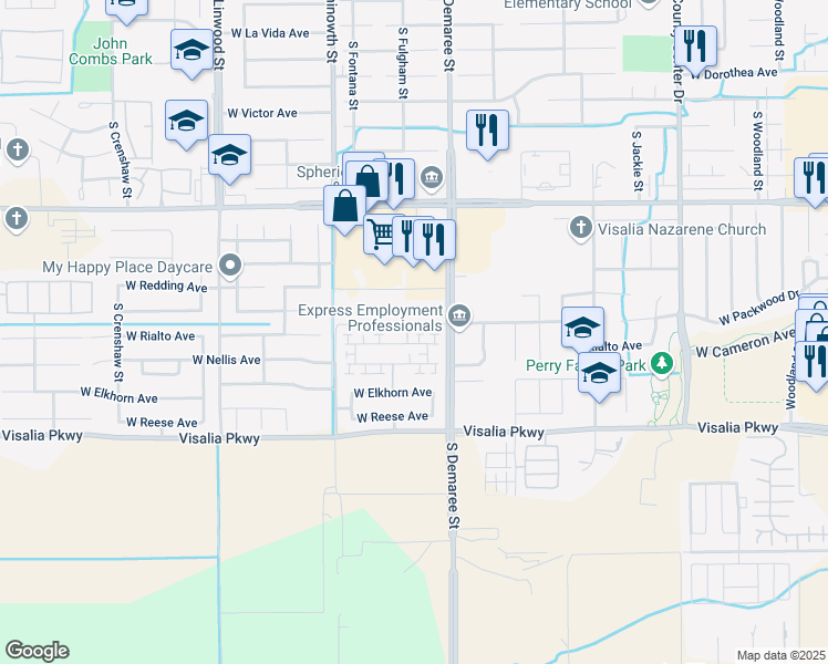 map of restaurants, bars, coffee shops, grocery stores, and more near 3821-3899 South Demaree Street in Visalia