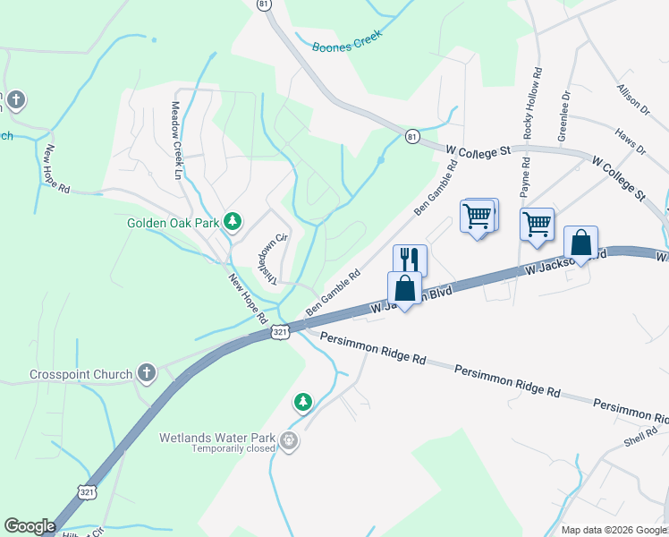map of restaurants, bars, coffee shops, grocery stores, and more near 1500 Ben Gamble Road in Jonesborough