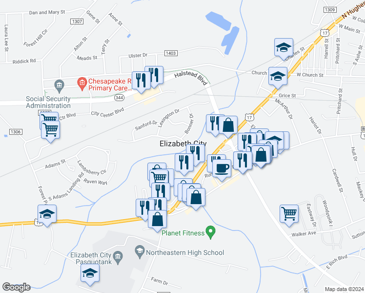 map of restaurants, bars, coffee shops, grocery stores, and more near 1701 Providence Road in Elizabeth City