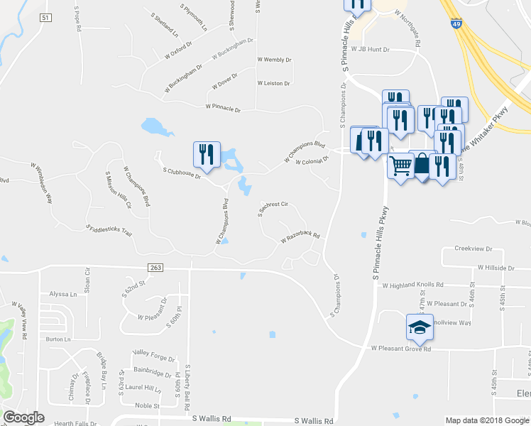 map of restaurants, bars, coffee shops, grocery stores, and more near 18 South Sechrest Circle in Rogers