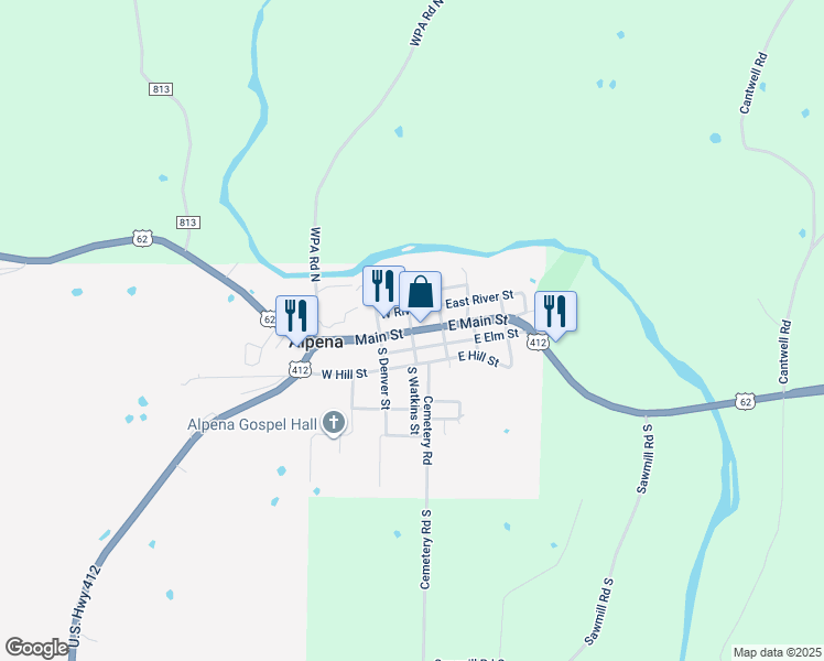 map of restaurants, bars, coffee shops, grocery stores, and more near Main Street in Alpena