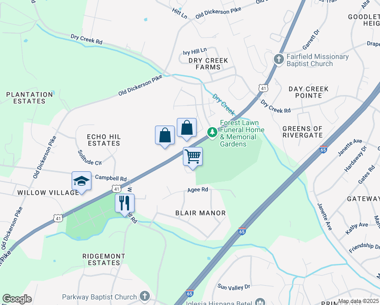 map of restaurants, bars, coffee shops, grocery stores, and more near 1176 Dickerson Road in Goodlettsville