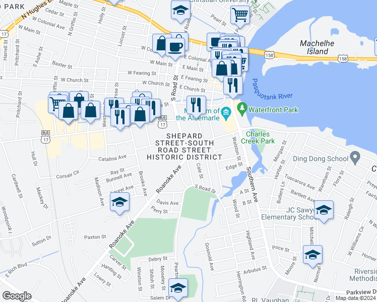 map of restaurants, bars, coffee shops, grocery stores, and more near 604 South Road Street in Elizabeth City