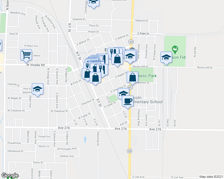map of restaurants, bars, coffee shops, grocery stores, and more near 260 South D Street in Exeter