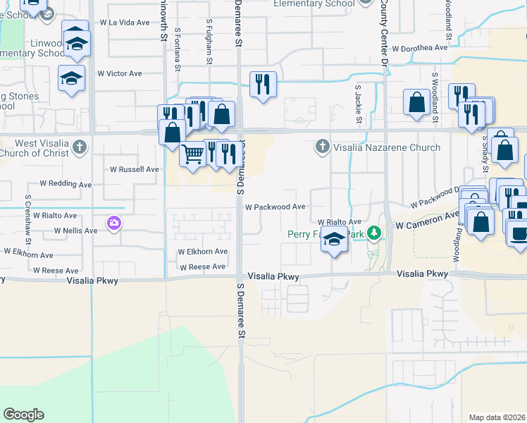 map of restaurants, bars, coffee shops, grocery stores, and more near 4006 South Demaree Street in Visalia