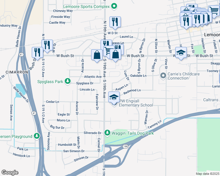 map of restaurants, bars, coffee shops, grocery stores, and more near 355 Kenwood Drive in Lemoore