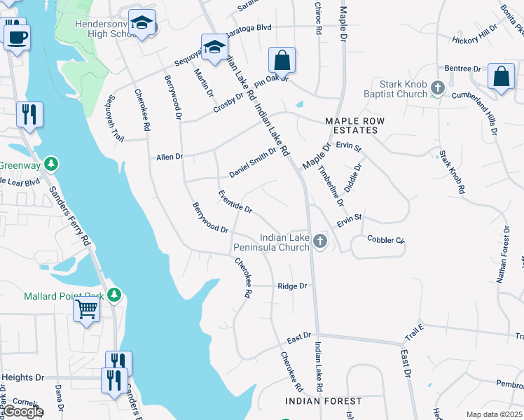 map of restaurants, bars, coffee shops, grocery stores, and more near 121 Eventide Drive in Hendersonville