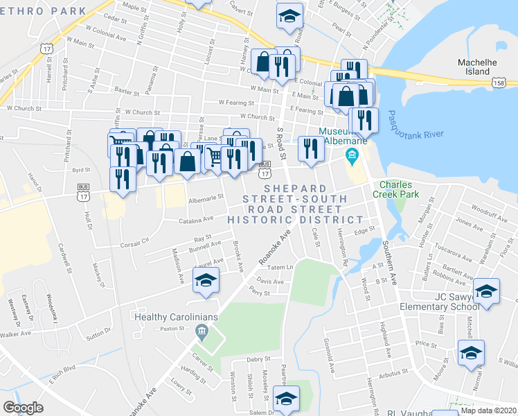 map of restaurants, bars, coffee shops, grocery stores, and more near 301 Speed Street in Elizabeth City