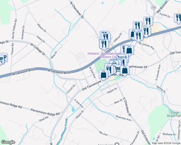 map of restaurants, bars, coffee shops, grocery stores, and more near 305 West College Street in Jonesborough