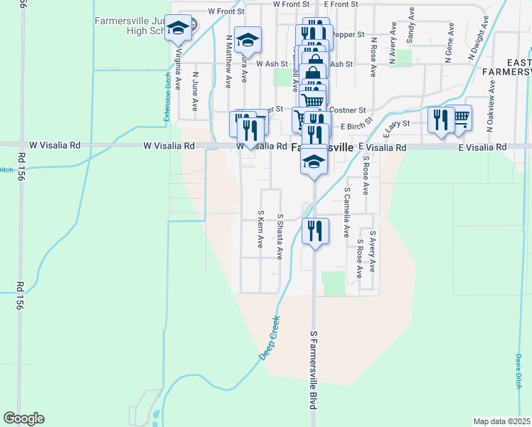 map of restaurants, bars, coffee shops, grocery stores, and more near 301-373 W Oakland St in Farmersville