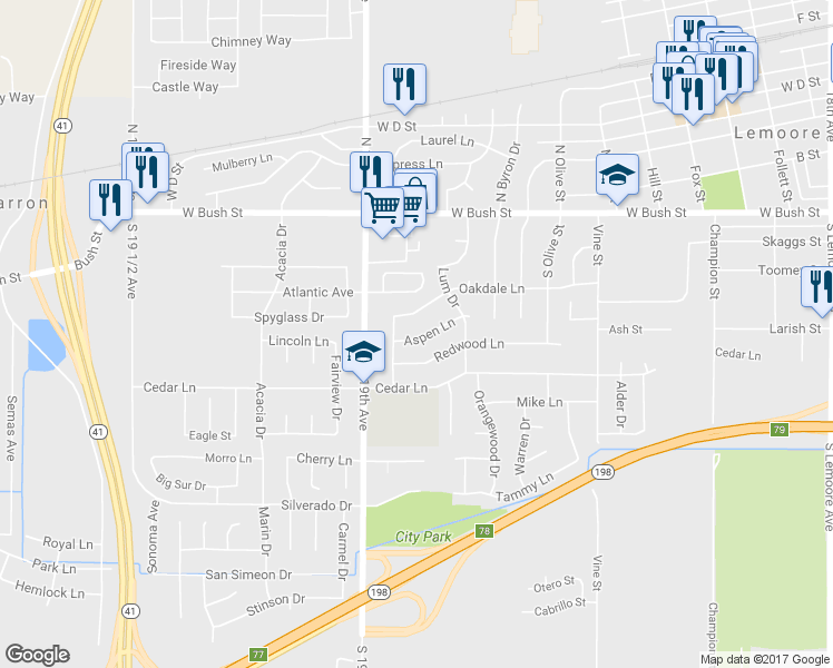 map of restaurants, bars, coffee shops, grocery stores, and more near 1090 Aspen Lane in Lemoore