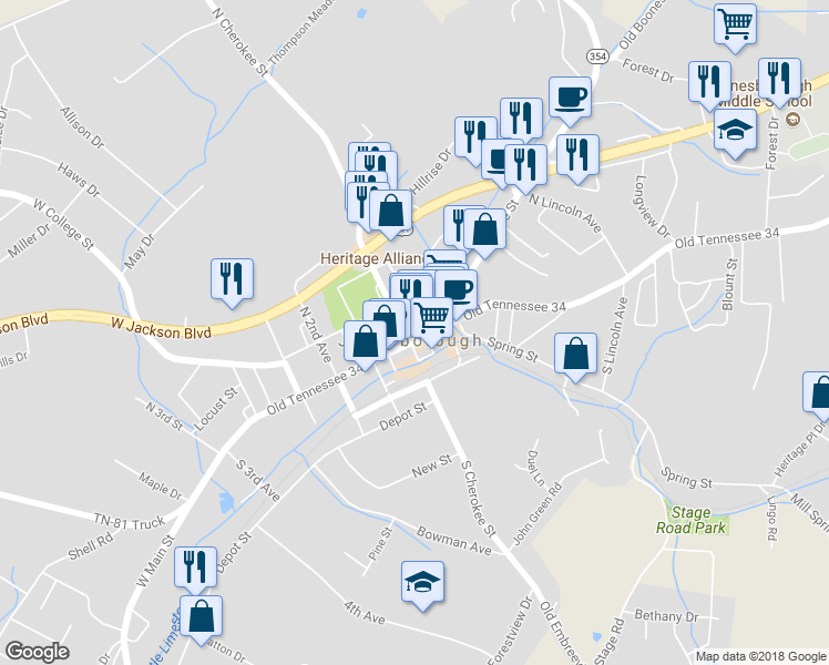 map of restaurants, bars, coffee shops, grocery stores, and more near 109 East Main Street in Jonesborough