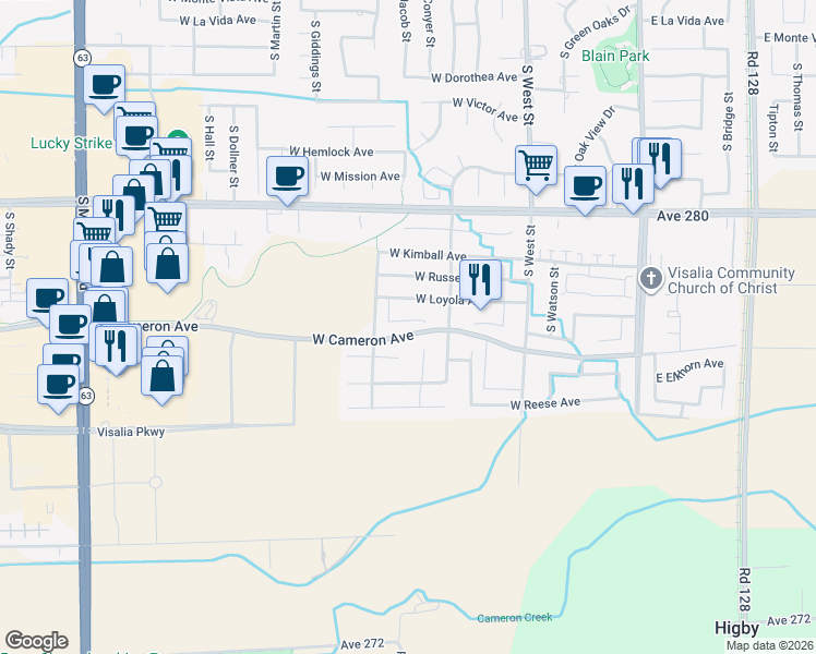map of restaurants, bars, coffee shops, grocery stores, and more near 908 West Elkhorn Court in Visalia