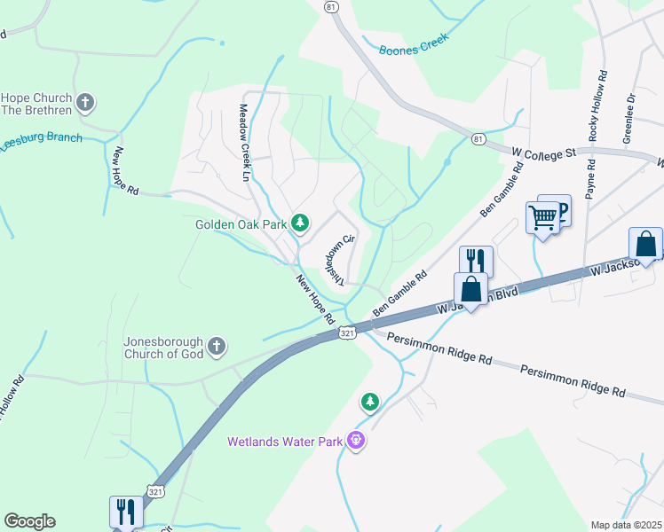 map of restaurants, bars, coffee shops, grocery stores, and more near 78 Thistledown Circle in Jonesborough