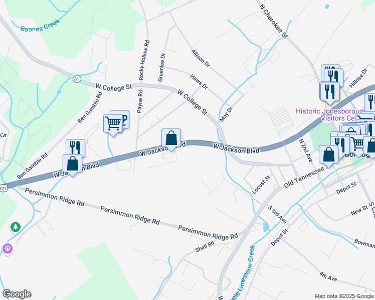 map of restaurants, bars, coffee shops, grocery stores, and more near 702 West Jackson Boulevard in Jonesborough